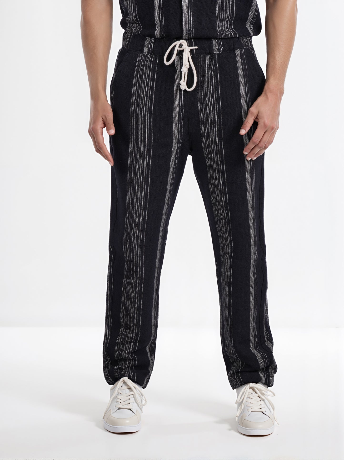 Celio* Men Black Striped Straight Fit Cotton Casual Trouser