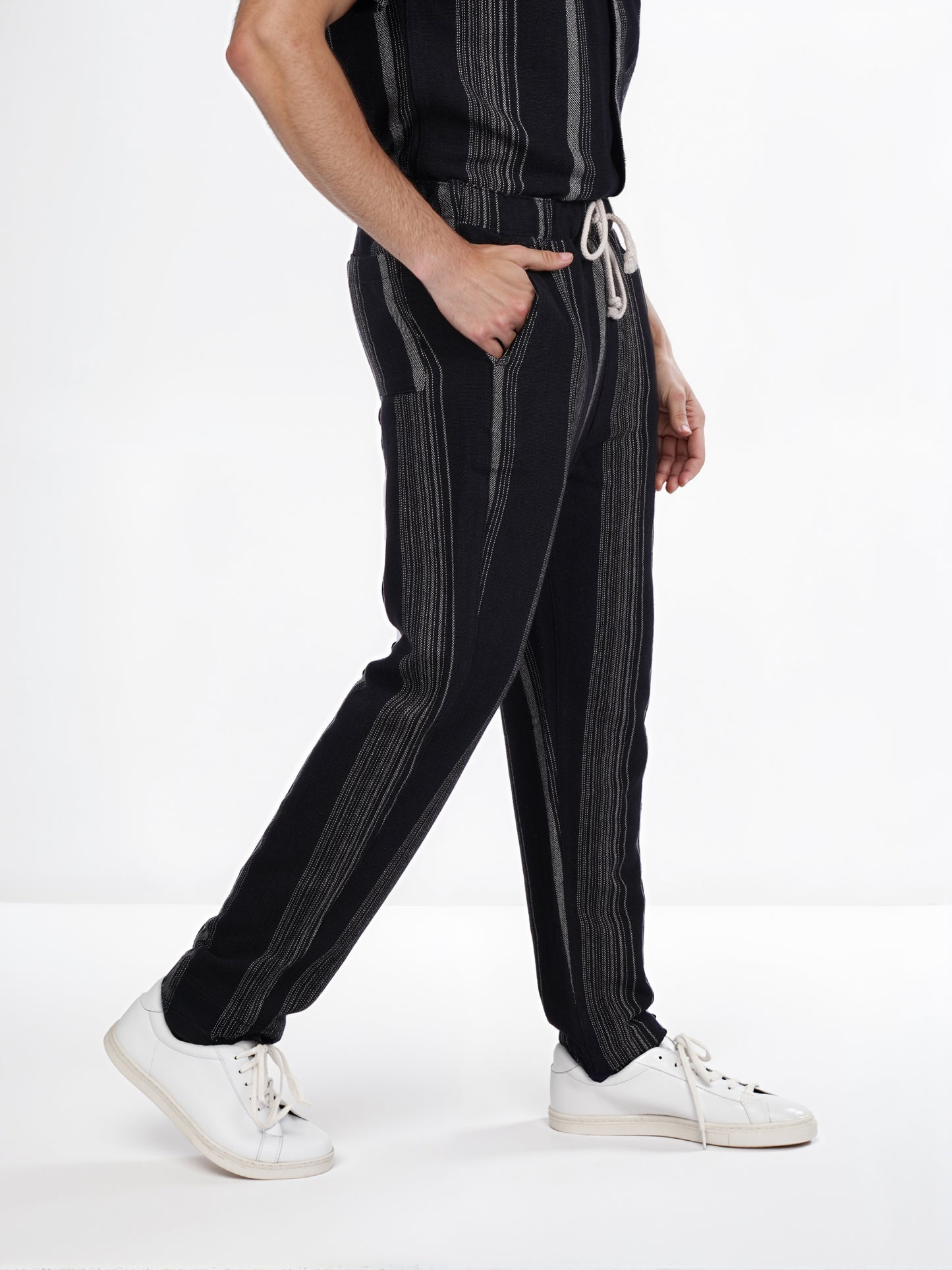 Celio* Men Black Striped Straight Fit Cotton Casual Trouser