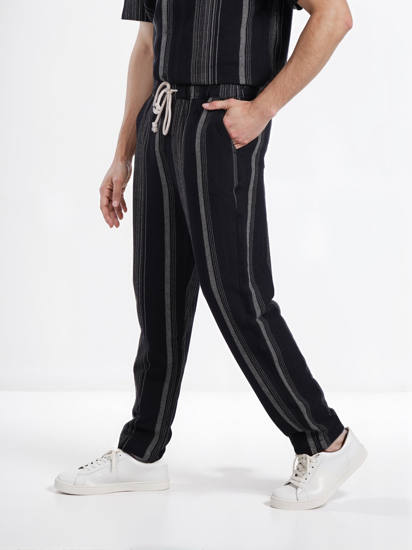 Celio* Men Black Striped Straight Fit Cotton Casual Trouser