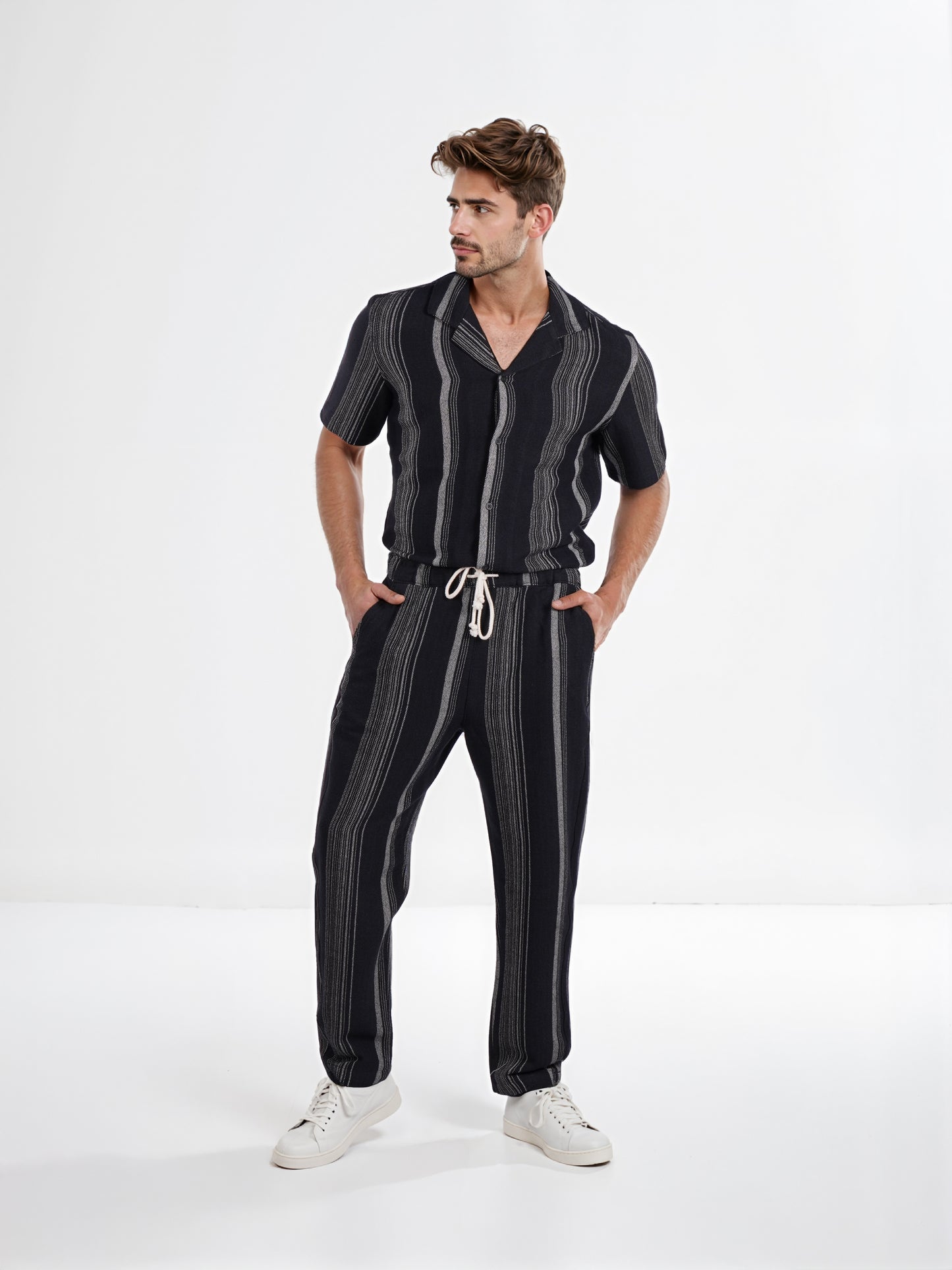 Celio* Men Black Striped Straight Fit Cotton Casual Trouser