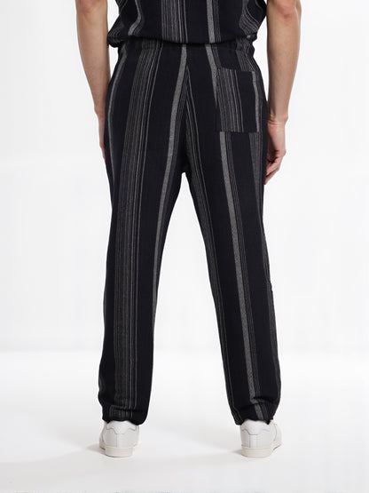Celio* Men Black Striped Straight Fit Cotton Casual Trouser