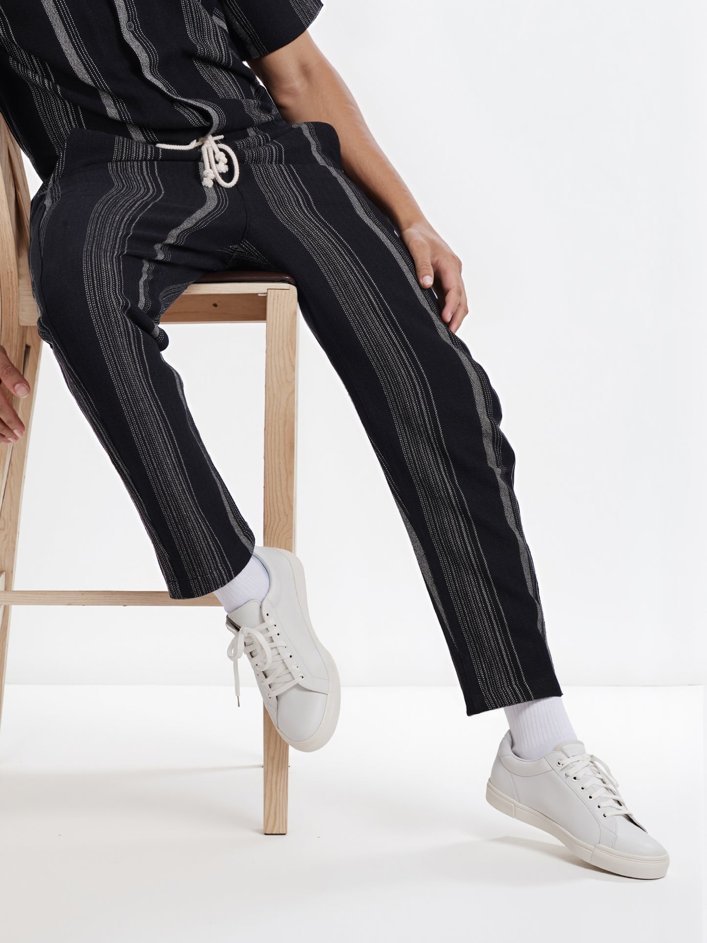 Celio* Men Black Striped Straight Fit Cotton Casual Trouser