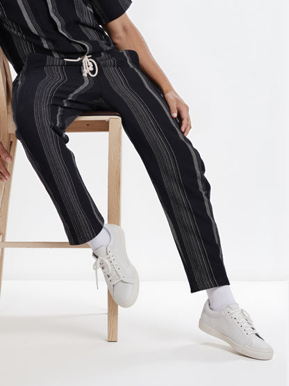 Celio* Men Black Striped Straight Fit Cotton Casual Trouser