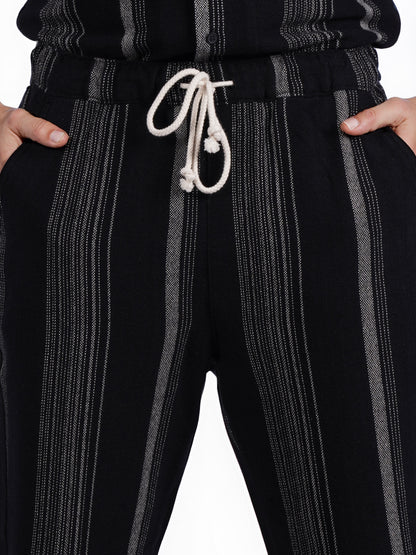 Celio* Men Black Striped Straight Fit Cotton Casual Trouser