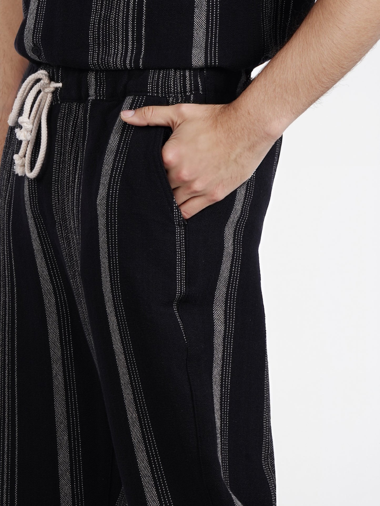 Celio* Men Black Striped Straight Fit Cotton Casual Trouser