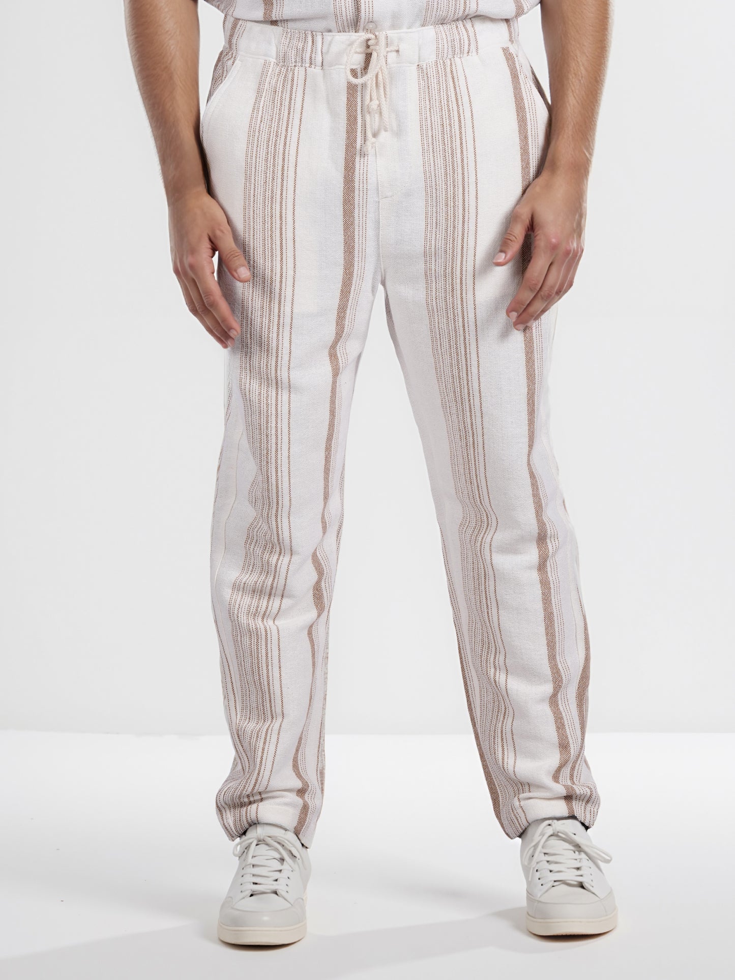 Celio* Men Beige Striped Straight Fit Cotton Casual Trouser