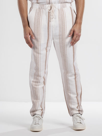 Celio* Men Beige Striped Straight Fit Cotton Casual Trouser