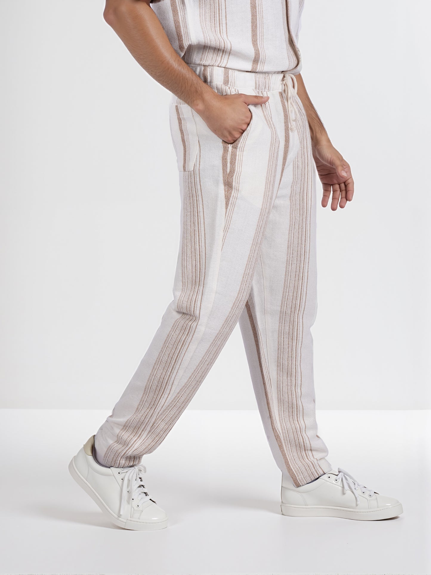 Celio* Men Beige Striped Straight Fit Cotton Casual Trouser