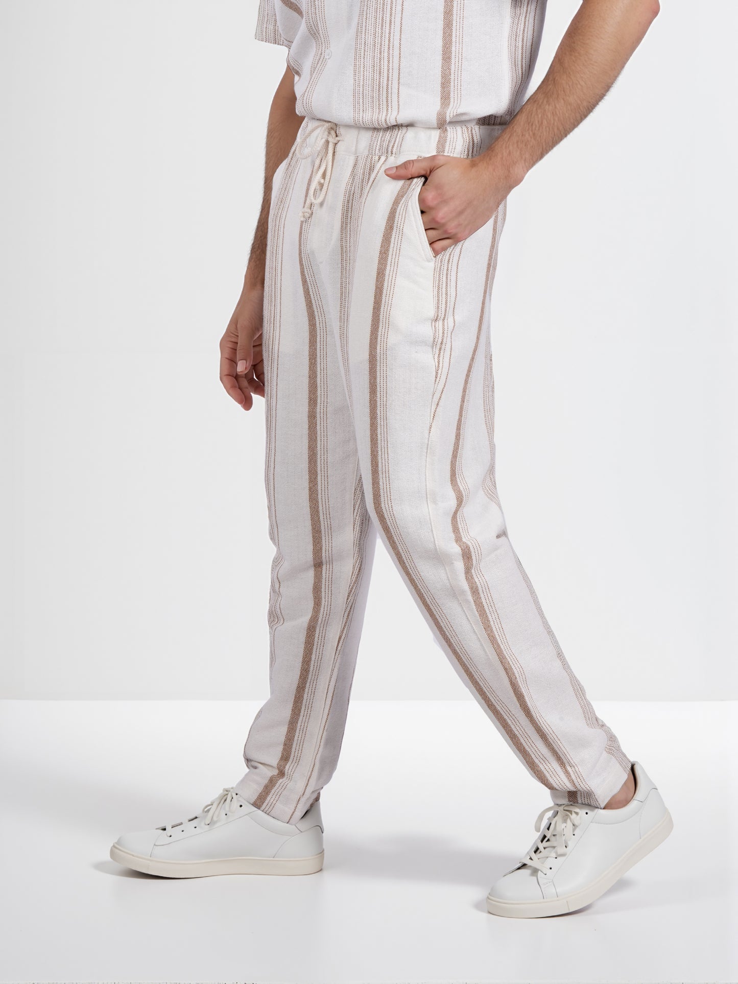 Celio* Men Beige Striped Straight Fit Cotton Casual Trouser