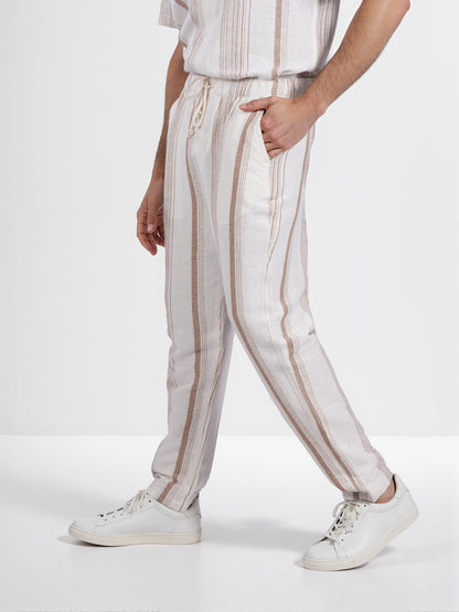 Celio* Men Beige Striped Straight Fit Cotton Casual Trouser