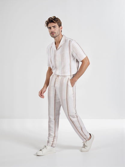 Celio* Men Beige Striped Straight Fit Cotton Casual Trouser