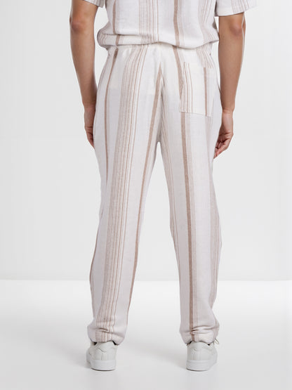 Celio* Men Beige Striped Straight Fit Cotton Casual Trouser