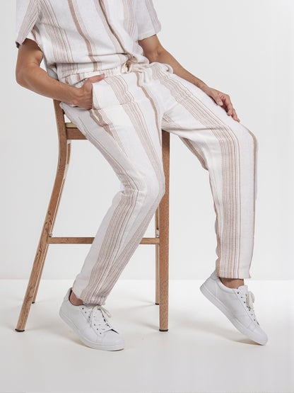 Celio* Men Beige Striped Straight Fit Cotton Casual Trouser