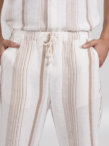 Celio* Men Beige Striped Straight Fit Cotton Casual Trouser