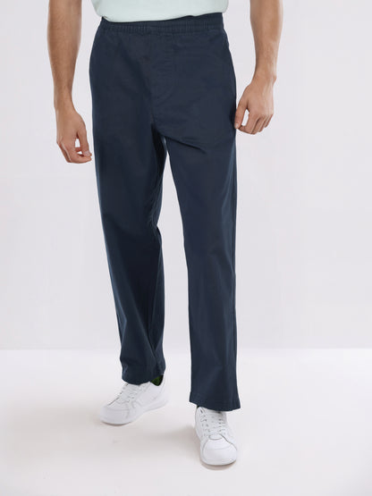 Celio* Men Navy Blue Solid Loose Fit Cotton-Lycra-Blend Trousers