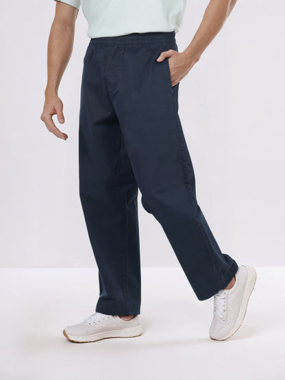Celio* Men Navy Blue Solid Loose Fit Cotton-Lycra-Blend Trousers