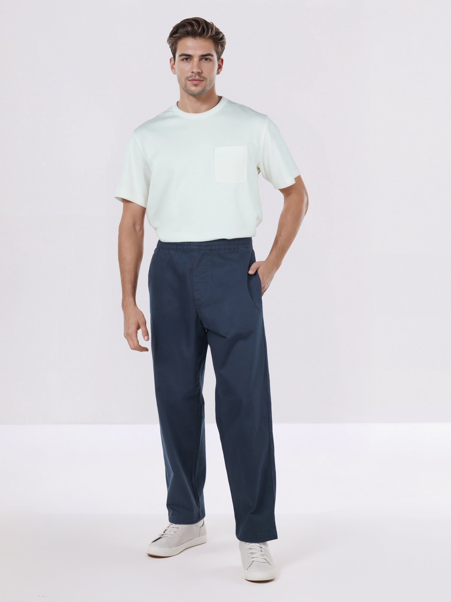 Celio* Men Navy Blue Solid Loose Fit Cotton-Lycra-Blend Trousers