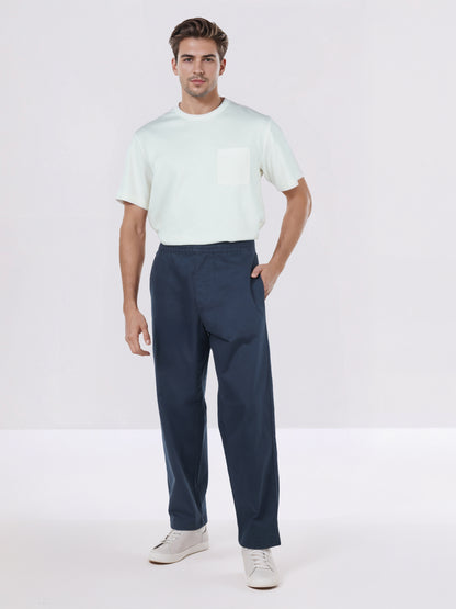 Celio* Men Navy Blue Solid Loose Fit Cotton-Lycra-Blend Trousers