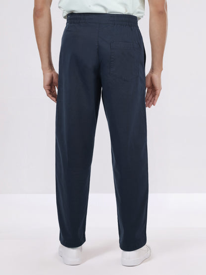 Celio* Men Navy Blue Solid Loose Fit Cotton-Lycra-Blend Trousers