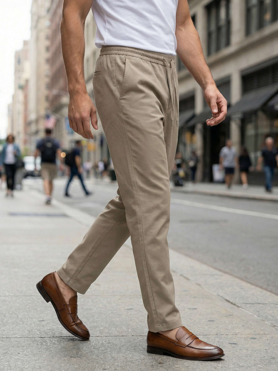 Celio Men Beige Solid Slim Fit Poly-Blend Trousers