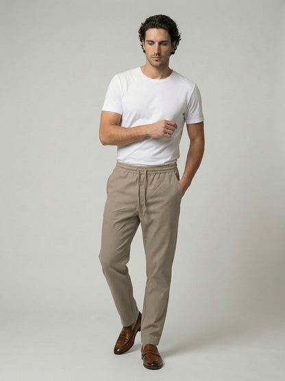 Celio Men Beige Solid Slim Fit Poly-Blend Trousers