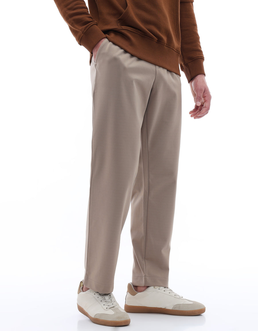 Celio Men Beige Solid Slim Fit Poly-Blend Trousers