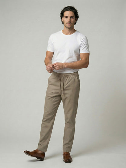 Celio Men Beige Solid Slim Fit Poly-Blend Trousers