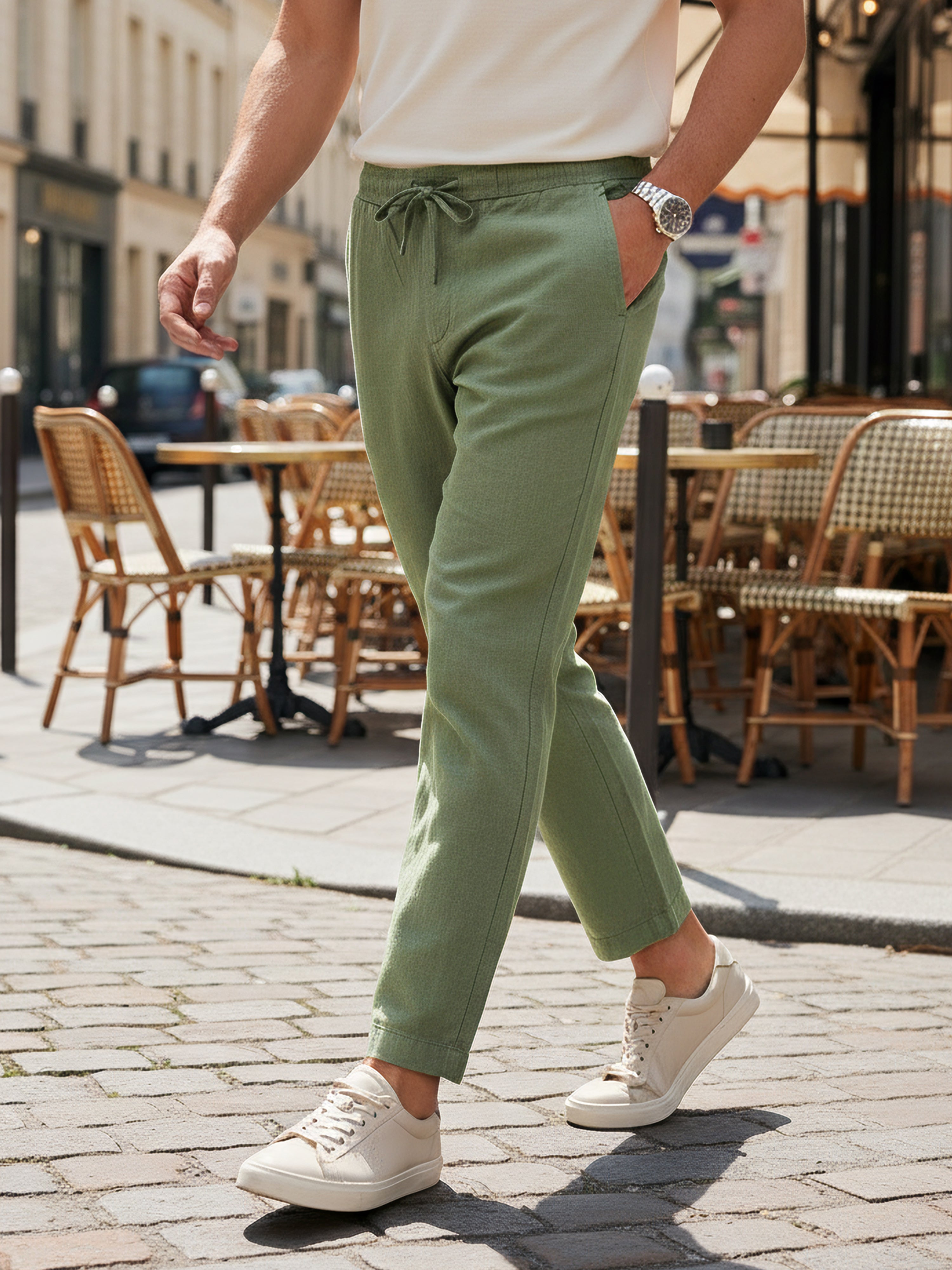 Celio Men Olive Solid Relaxed Fit Cotton Trousers