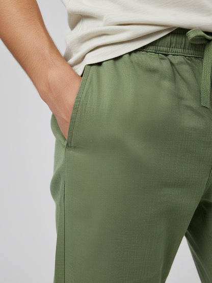 Celio* Men Olive Solid Relaxed Fit Cotton Trousers