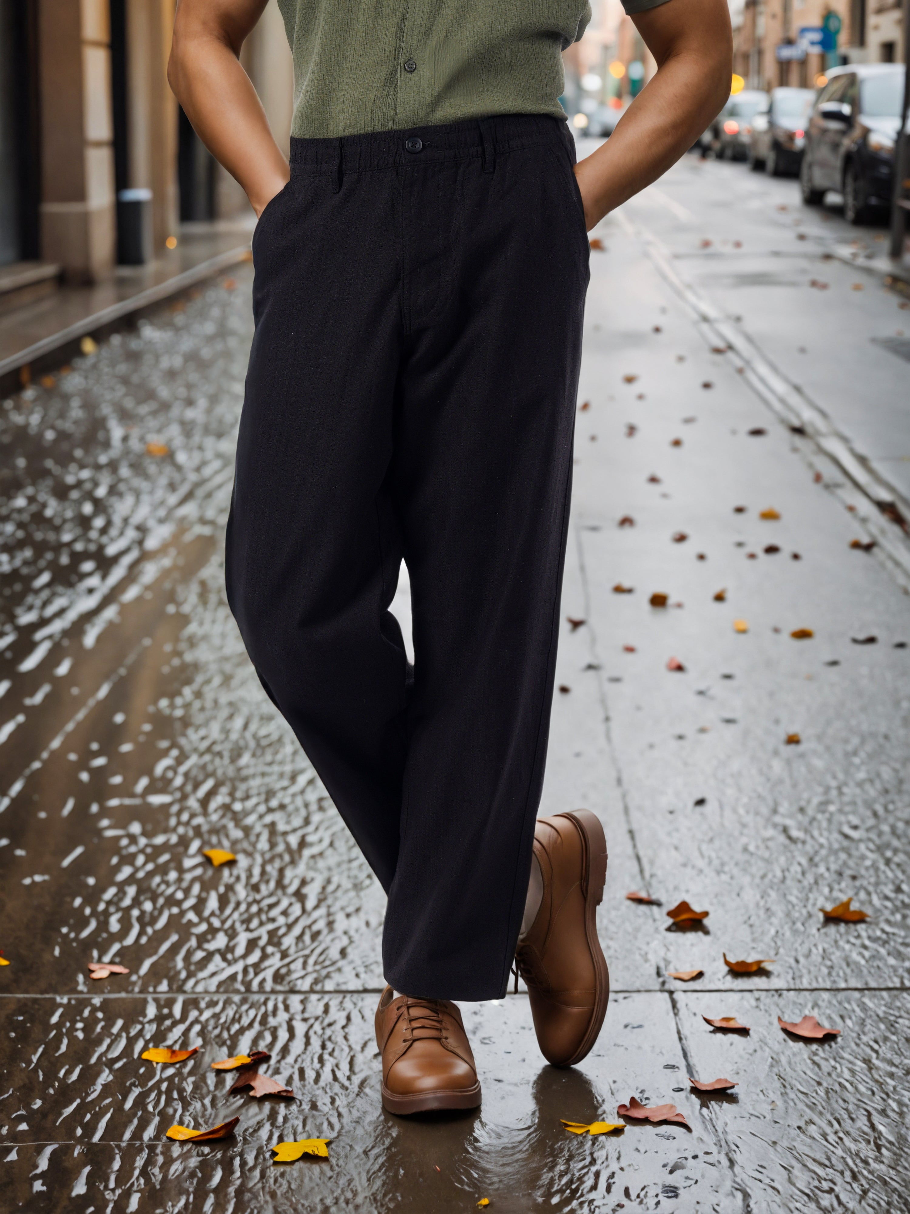 Celio* Men Black Solid Straight Fit Cotton-Linen-Blend Trousers