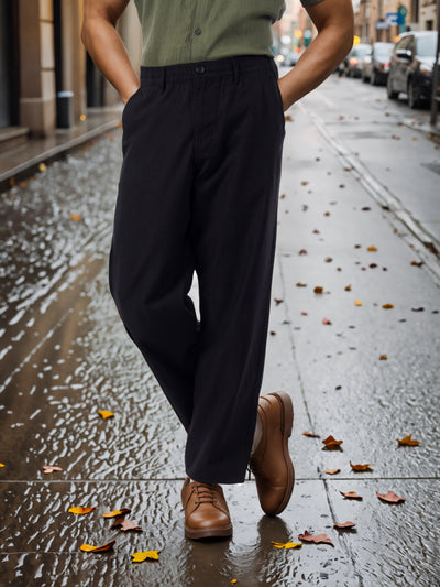 Celio* Men Black Solid Straight Fit Cotton-Linen-Blend Trousers