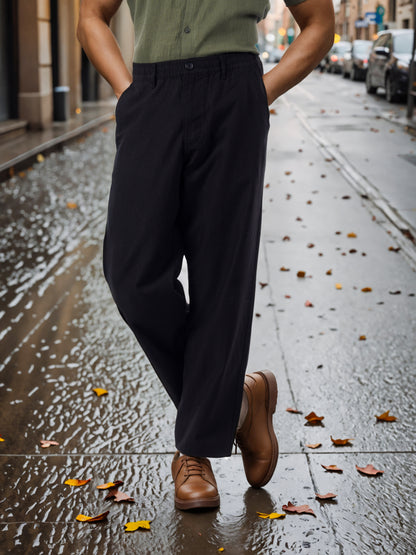 Celio* Men Black Solid Straight Fit Cotton-Linen-Blend Trousers