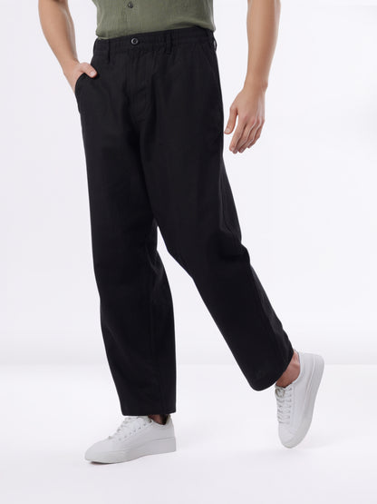 Celio* Men Black Solid Straight Fit Cotton-Linen-Blend Trousers