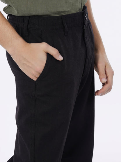 Celio* Men Black Solid Straight Fit Cotton-Linen-Blend Trousers
