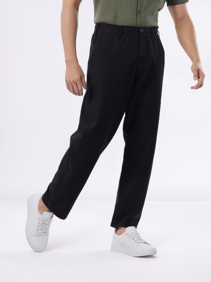 Celio* Men Black Solid Straight Fit Cotton-Linen-Blend Trousers