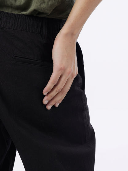 Celio* Men Black Solid Straight Fit Cotton-Linen-Blend Trousers