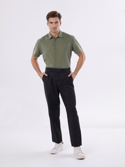 Celio* Men Black Solid Straight Fit Cotton-Linen-Blend Trousers