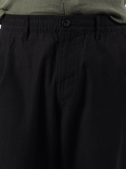 Celio* Men Black Solid Straight Fit Cotton-Linen-Blend Trousers
