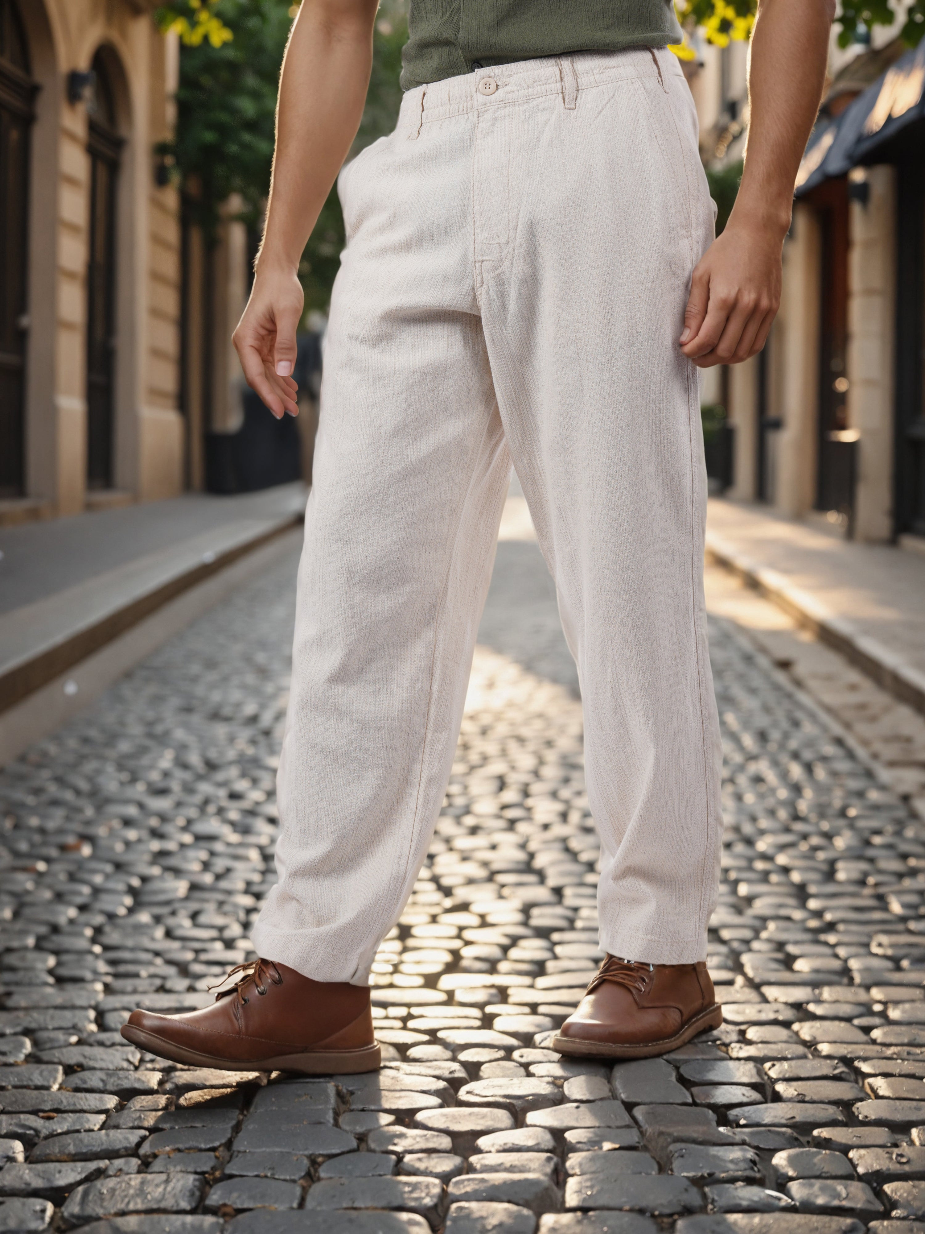 Celio* Men Beige Solid Straight Fit Cotton-Linen-Blend Trousers