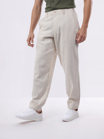Celio* Men Beige Solid Straight Fit Cotton-Linen-Blend Trousers
