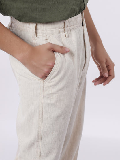 Celio* Men Beige Solid Straight Fit Cotton-Linen-Blend Trousers