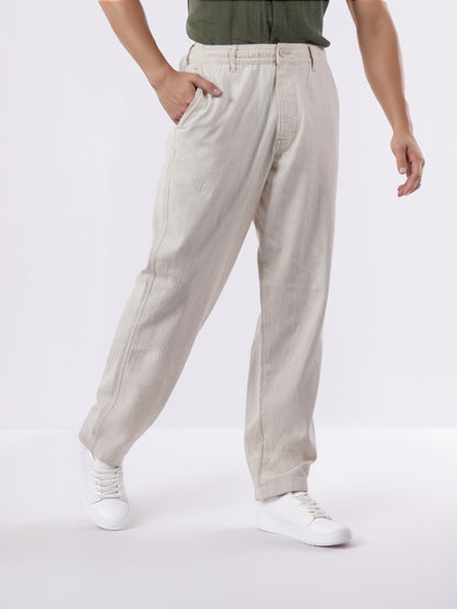Celio* Men Beige Solid Straight Fit Cotton-Linen-Blend Trousers