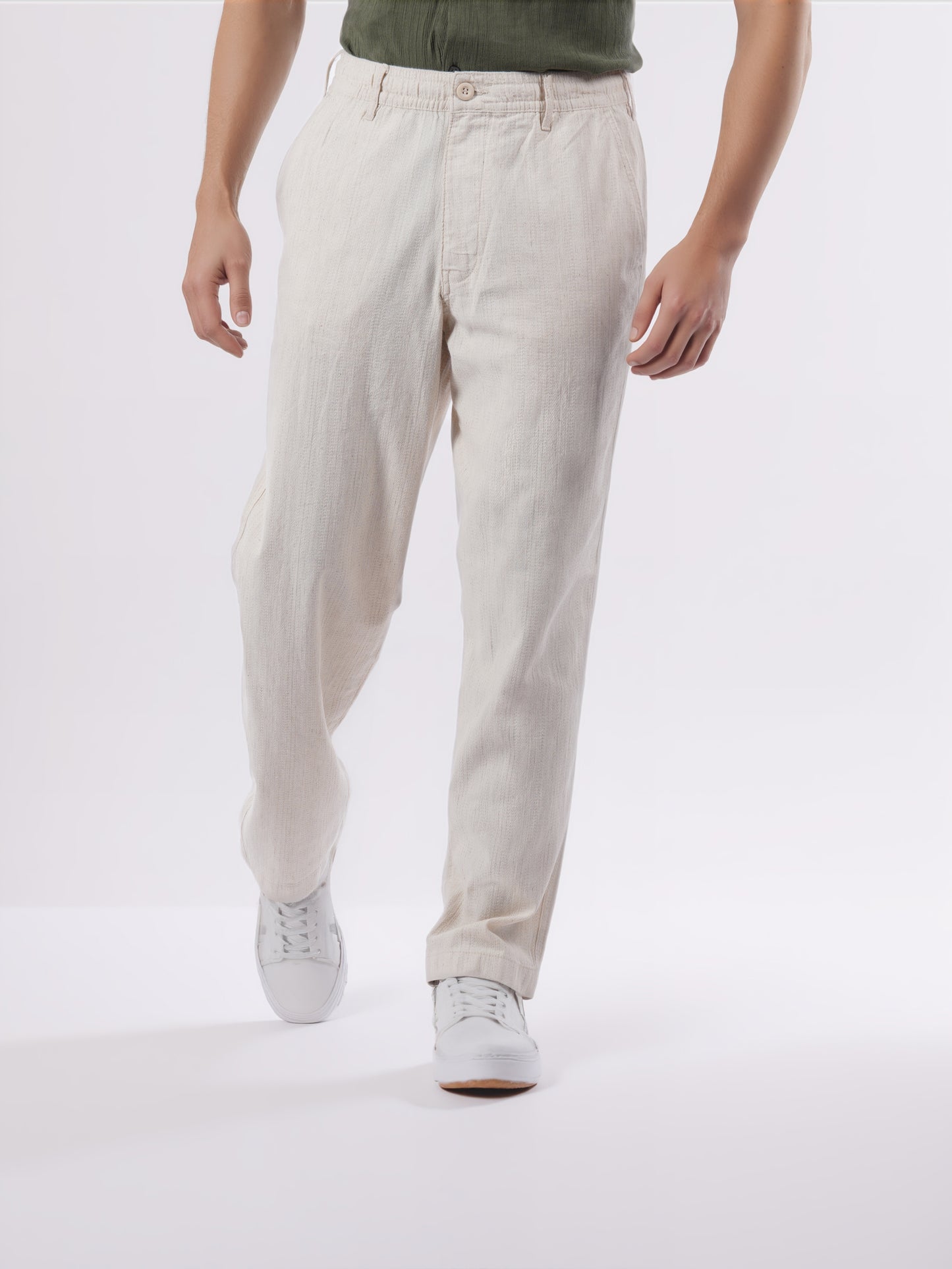 Celio* Men Beige Solid Straight Fit Cotton-Linen-Blend Trousers