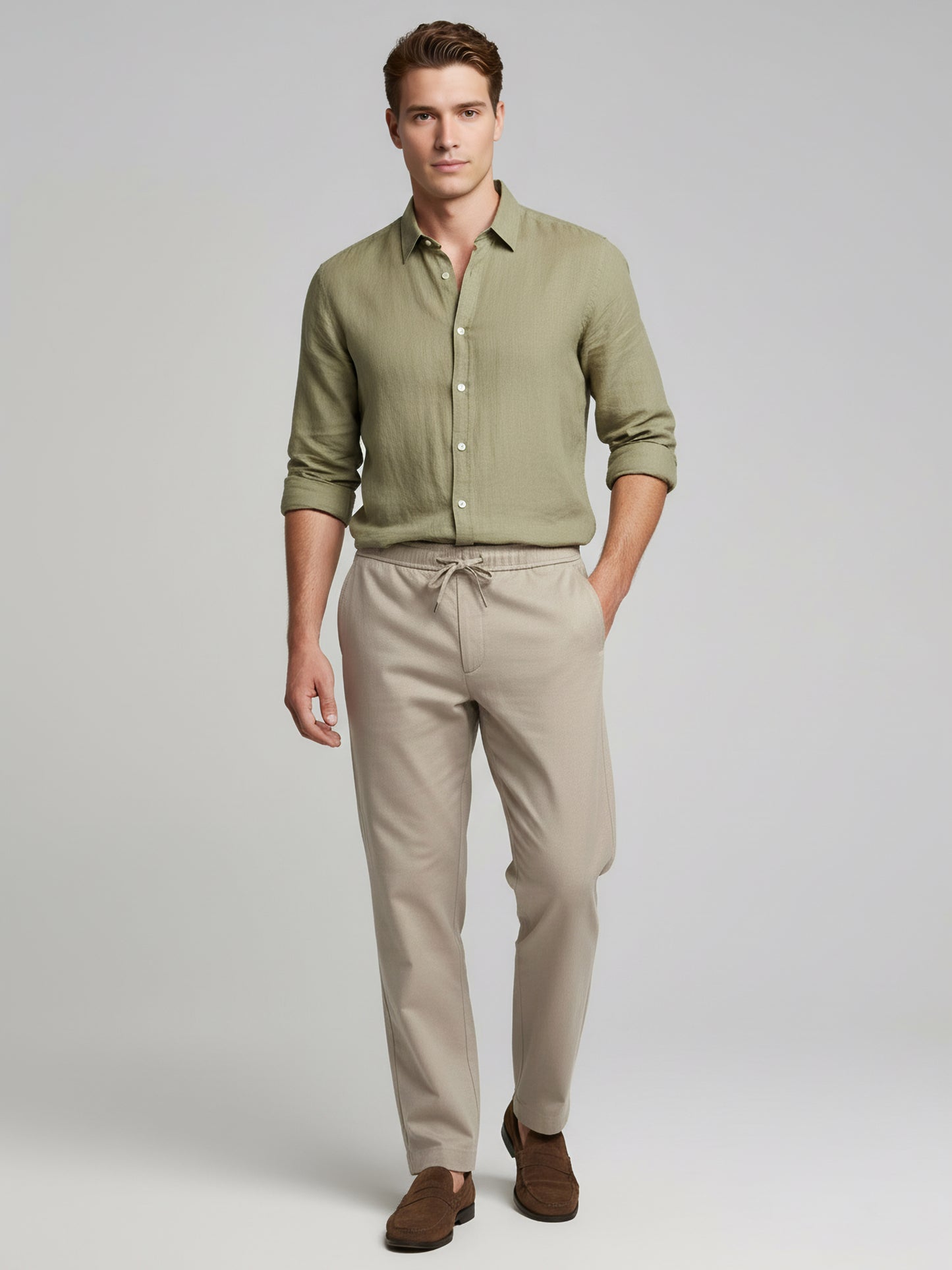 *Celio Men Beige Solid Baggy Fit Polyester Trousers