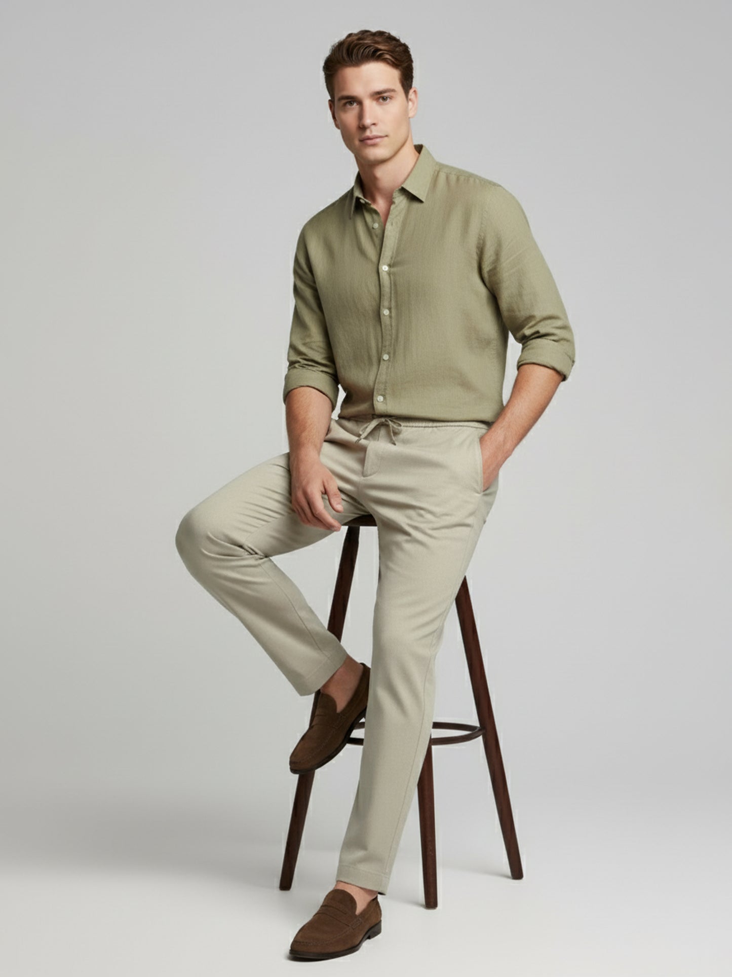 *Celio Men Beige Solid Baggy Fit Polyester Trousers