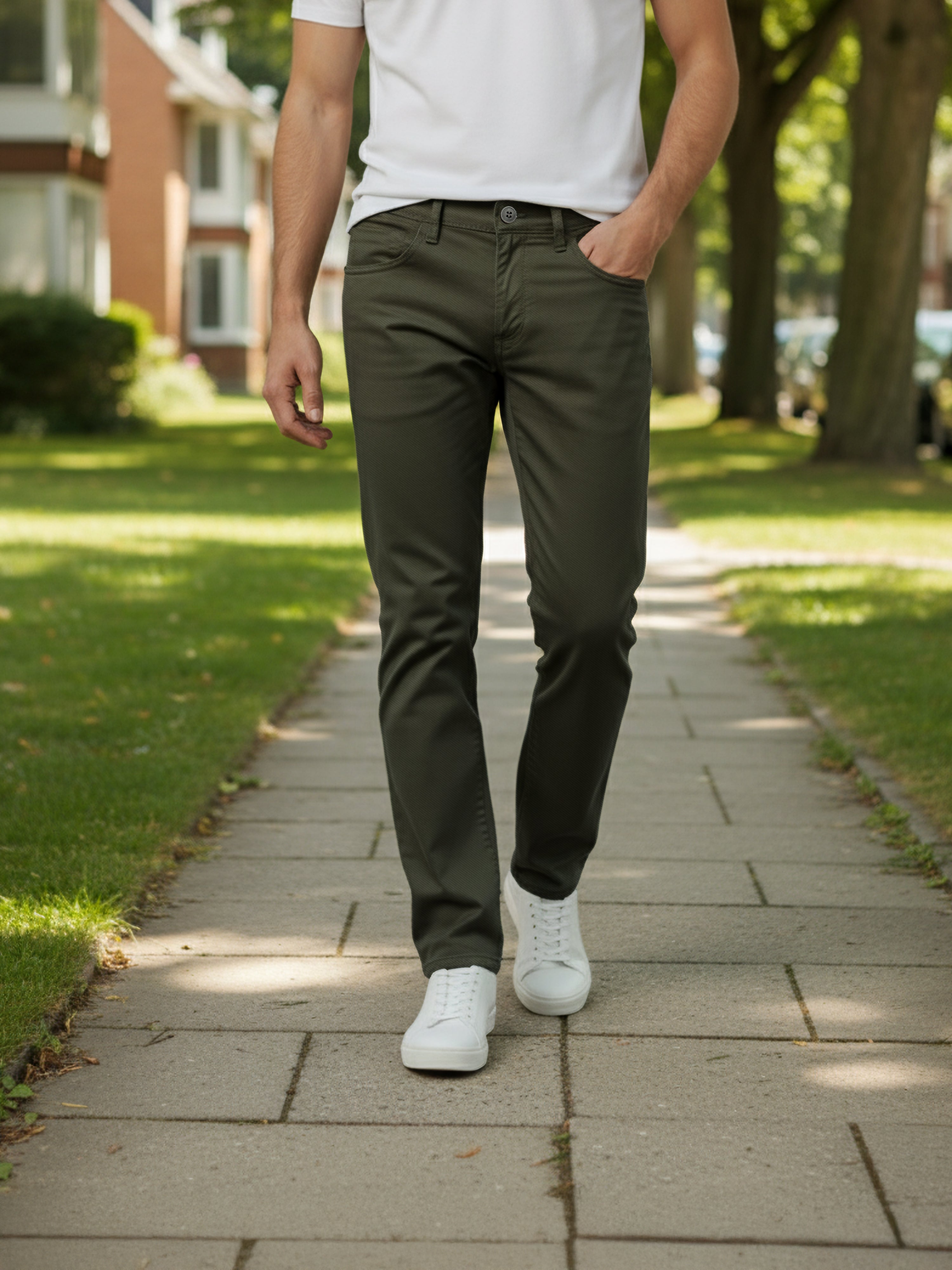 Celio* Men Olive Solid Loose Fit Cotton Trousers