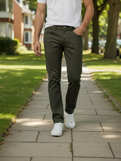 Celio* Men Olive Solid Loose Fit Cotton Trousers