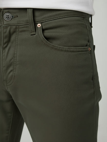 Celio* Men Olive Solid Loose Fit Cotton Trousers