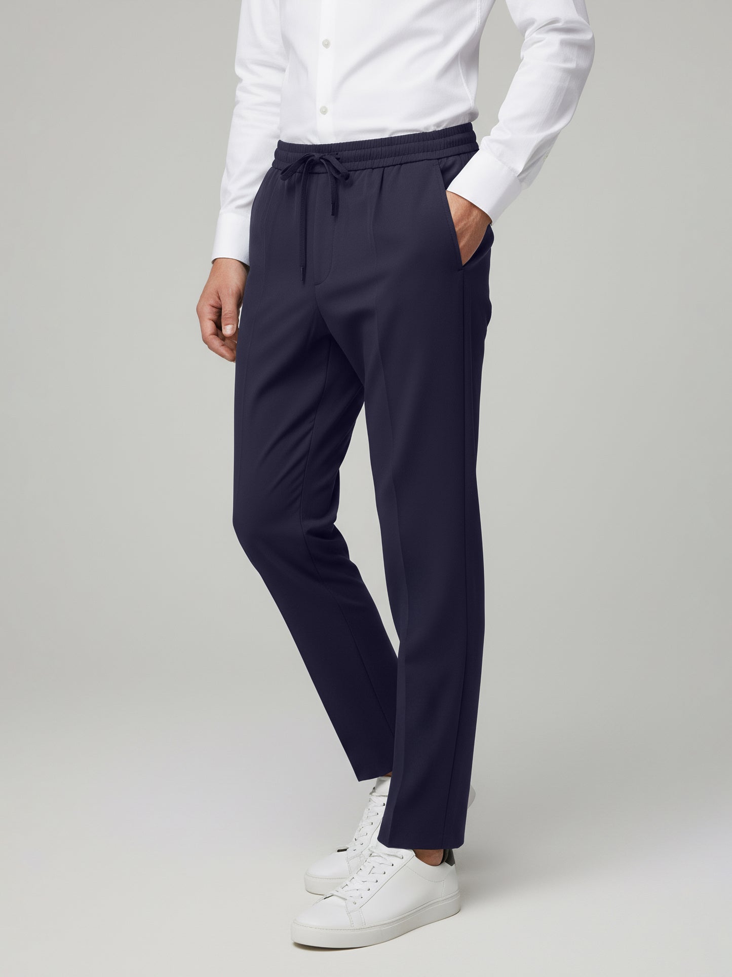 Celio* Men Navy Blue Solid Straight Fit Poly-Blend Trousers