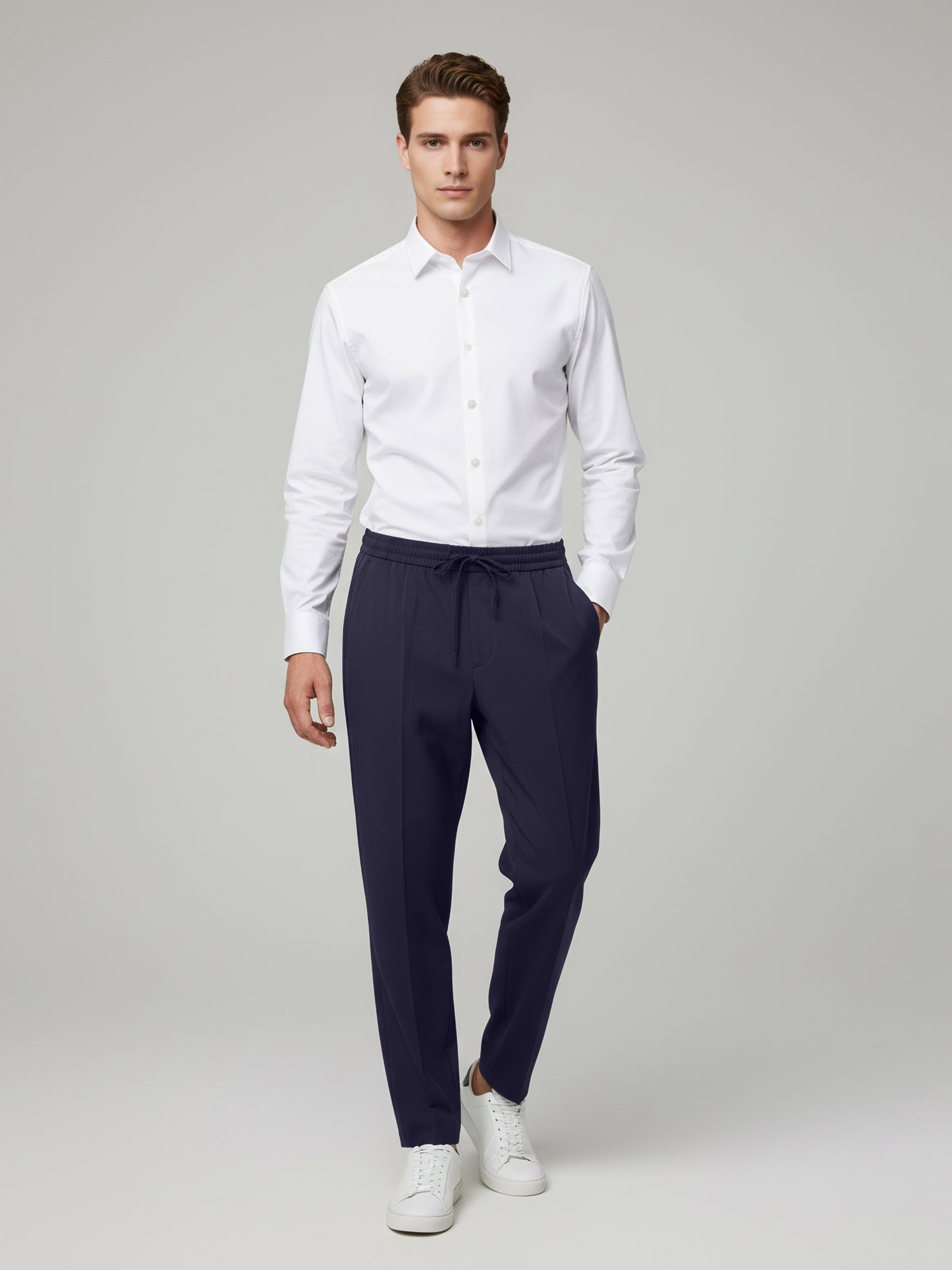 Celio* Men Navy Blue Solid Straight Fit Poly-Blend Trousers